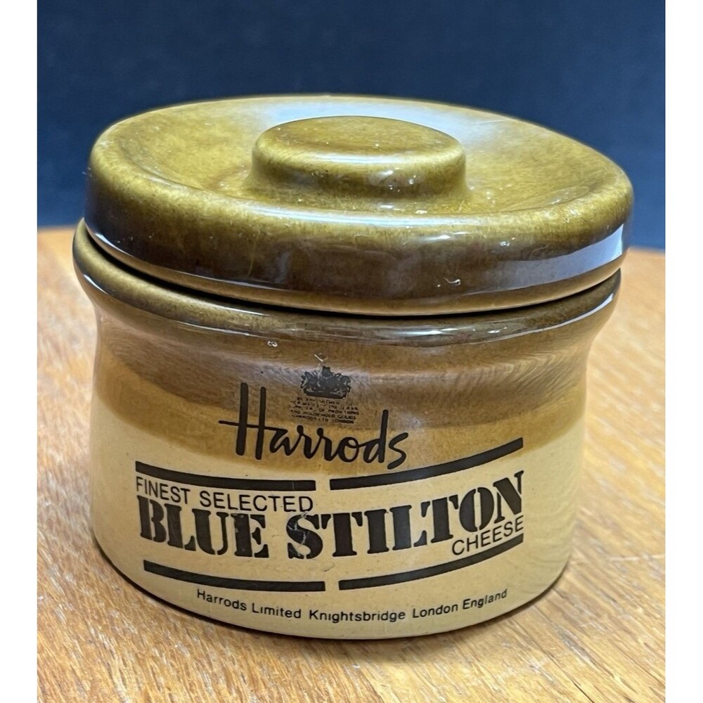 Vintage HARRODS Blue Stilton Cheese Jar Mini Crock w/ Lid London England Rustic